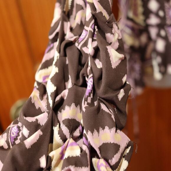 Tory Burch Size 12 Vintage 90s Purple Brown Patchwork Ruched Sleeve Silk - Picture 3 of 11